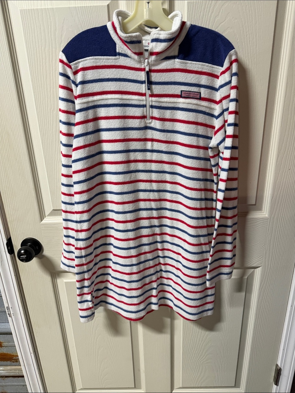 Striped womens terry cloth dress- White with Red & Navy